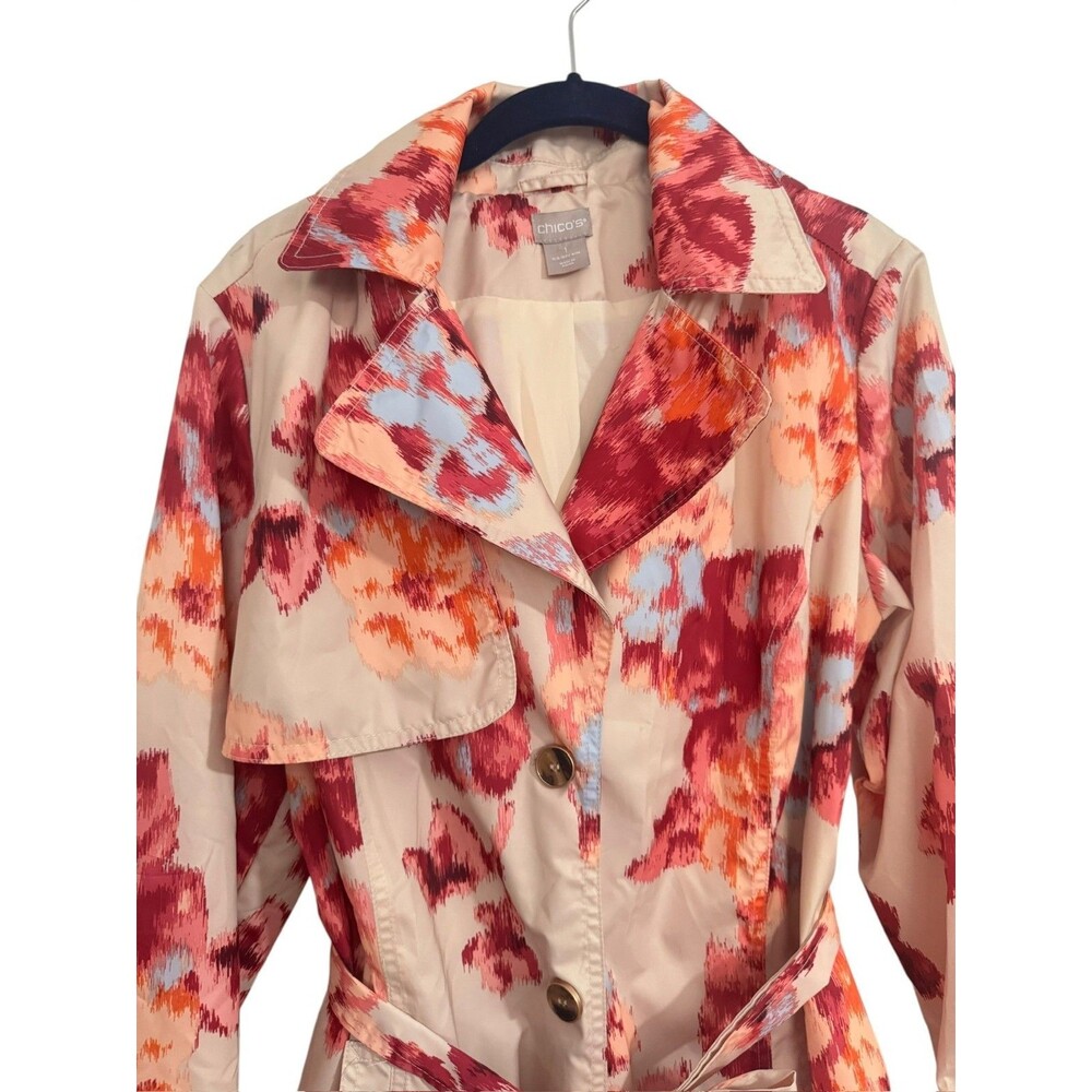 Chicos Trench Coat Womens 1 MEDIUM Floral Pockets Detachable Hoodie Button Front - Picture 10 of 13